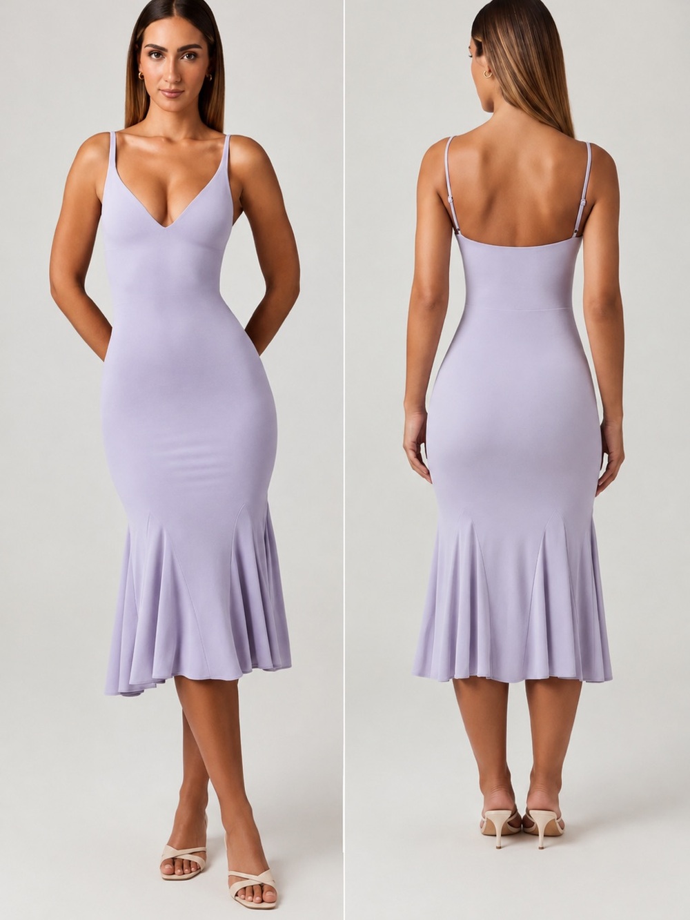 Oh Polly Lilac V‑Neck Mermaid Midi Dress